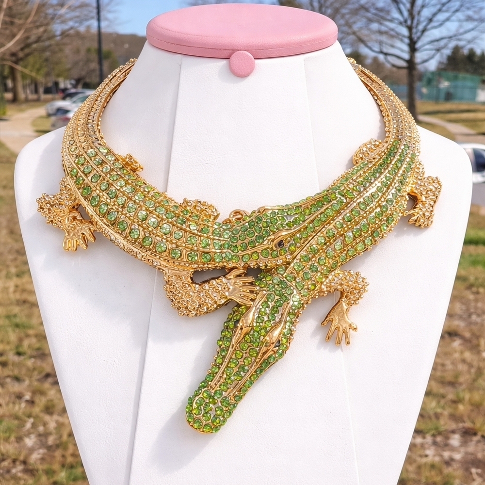 Gold and Green Alligator Statement Necklace - Picture 1 of 5